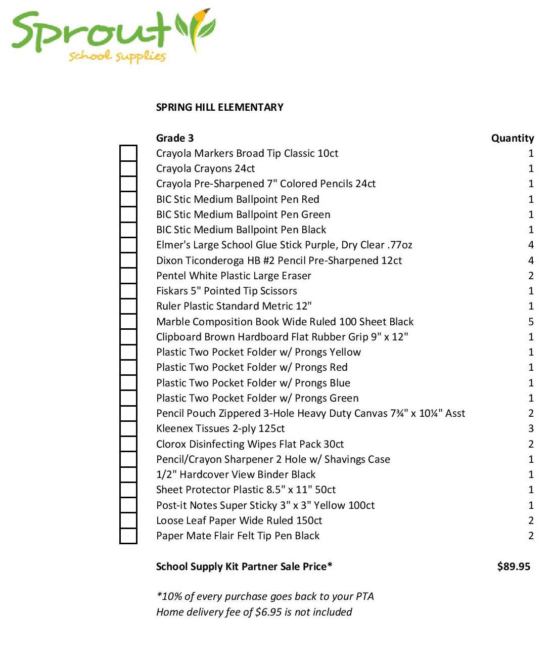 3rd grade school supply list printable